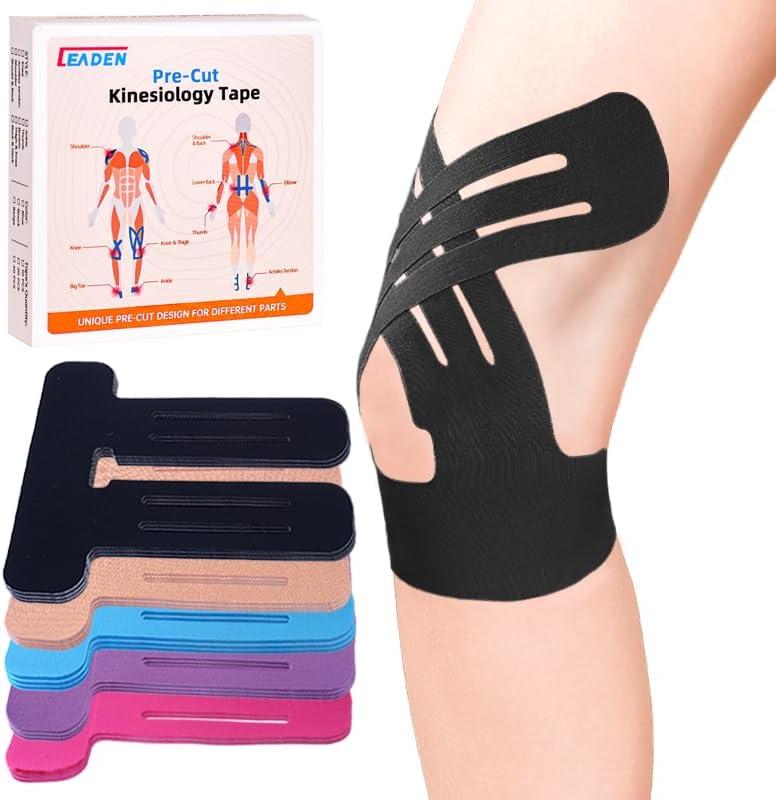 IEADEN Precut Kinesiology Tape for Knees, 10 Pcs, Upgraded, Knee Support & Stability, Knee Pain Relief Athletic Tape - Waterproof & Elastic, Breathable Hypoallergenic Latex-Free Tape, Black
