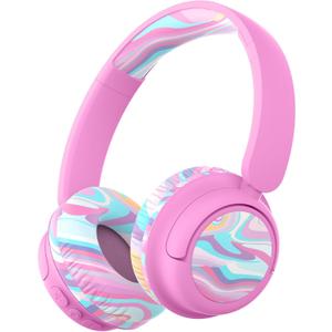 iClever BTH22 Kids Bluetooth Headphones, 60H Play Time, 74/85 dBA Safe Volume, Bluetooth 5.4, USB C, Over Ear Kids Headphones Wireless with Mic AUX Cord for iPad/Tablet/Travel/School, Pink-Stripe 