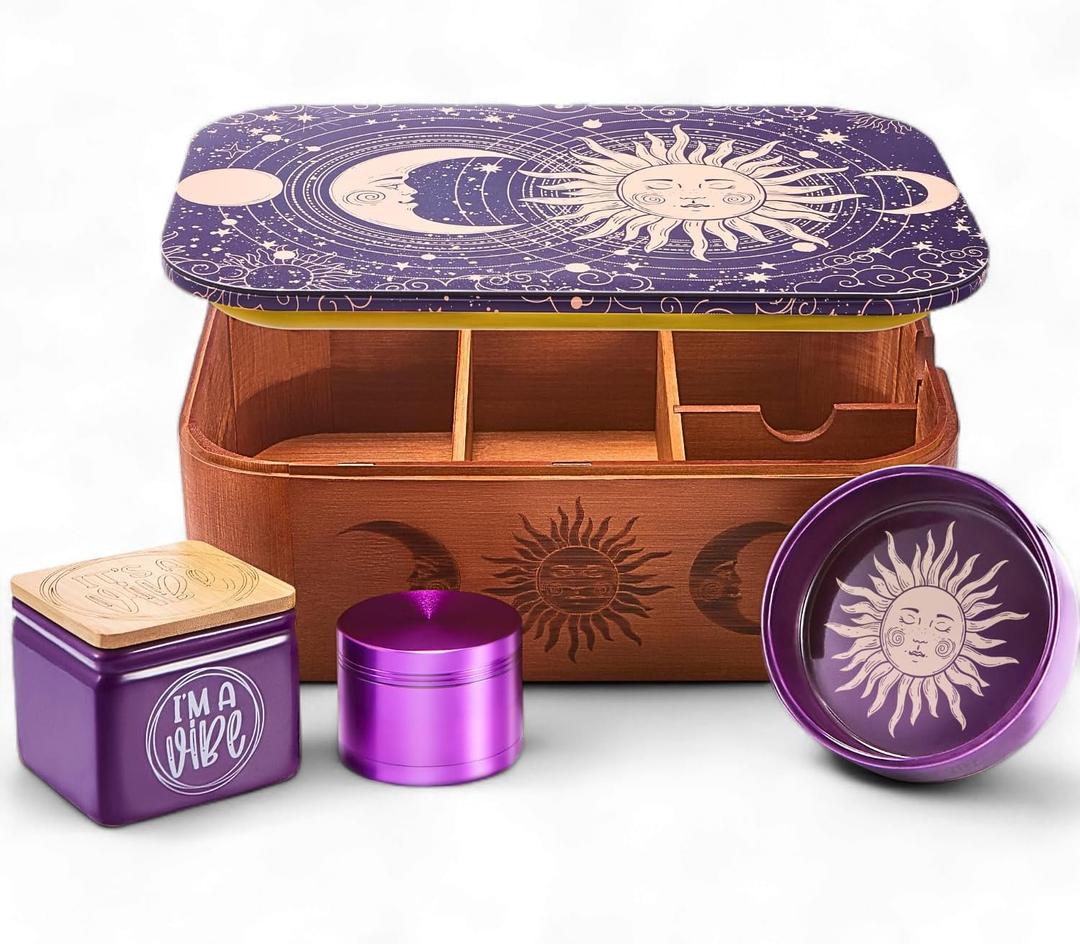 Decorative Box with Tray, Magnetic Lid Metal Tray & Bamboo Storage Box w/Removable Dividers, Versatile storage trays and Containers - Sun and Moon Themed Gift Set