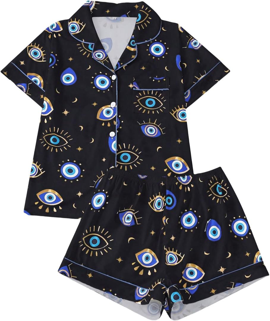 Women's 2 Piece Evil Eyes Print Pajama Sets Sleepwear Short Sleeve Nightwear Soft Pjs Lounge Sets, L