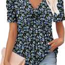 ONLYSHE Women's Summer Floral Shirts Ladies Casual V Neck Tunic Tops Henly Puff Sleeve Blouse for Leggings (XXL)