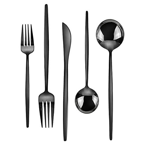 Black Silverware Set, KassKa 40 Pieces Flatware Cutlery Set, Stainless Steel Utensils Set Spoon Fork Knives Set for Home Restaurant and Kitchen, Mirror Polished Finished, Service for 8