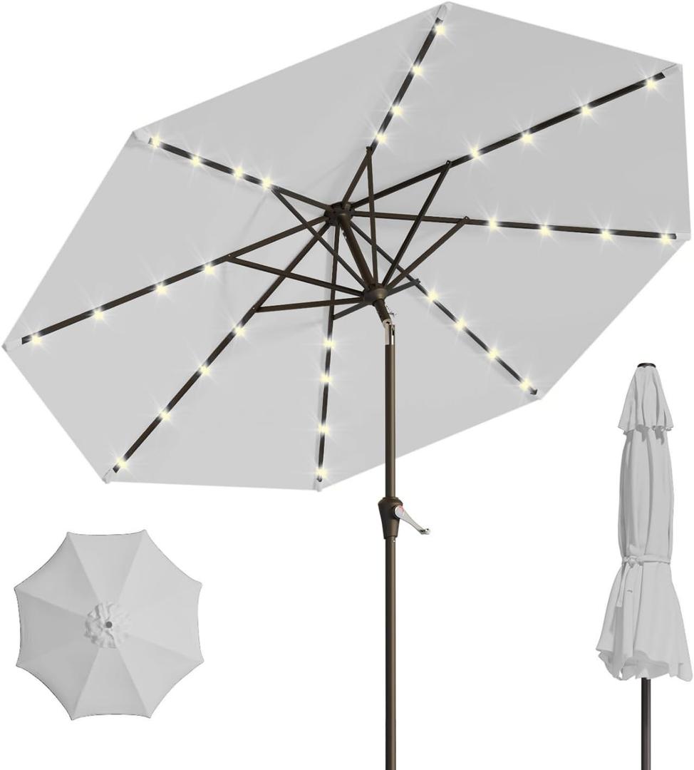 10FT Solar Umbrella 32 LED Lighted Patio Umbrella Table Market Umbrella w/Tilt and Crank, UV-Resistant Outdoor Umbrella for Pool, Garden, Deck, Light Gray