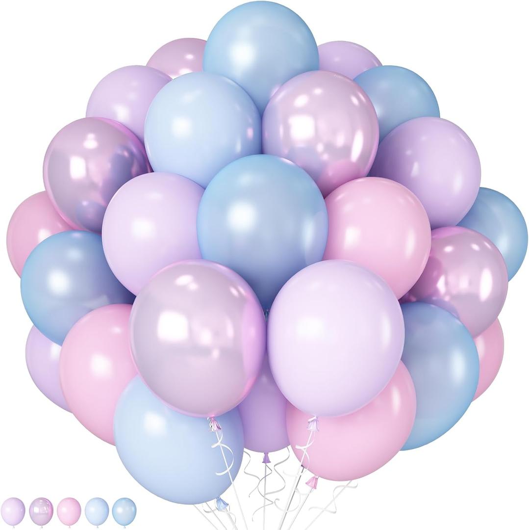Pink Purple Blue Balloon 60Pcs 12 Inch Metallic Pastel Balloon Iridescent Pearl Pink Blue Purple Party Balloons for Girls Mermaid Snowflake Princess Birthday Baby Shower Party Decoration