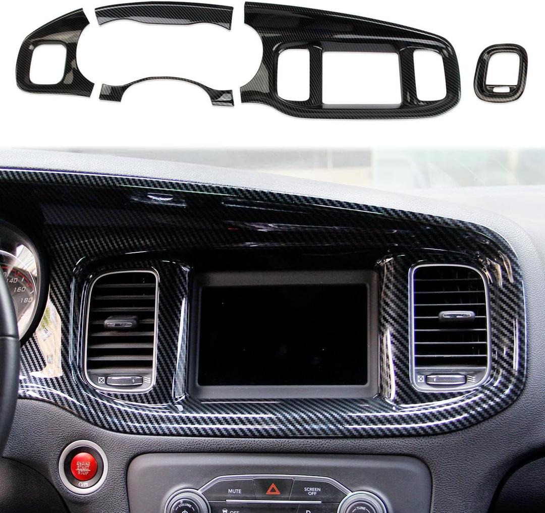 crosselec Carbon Fiber Center Consoles Dashboard Instrument Gauge Cluster Dash Air Vent Panel Kit Cover Trim Garnish Bezel for for Dodge Charger 2015-2023 (Black Carbon Fiber)
