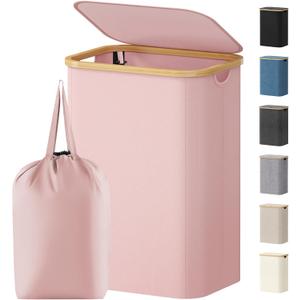 Lifewit 80L Laundry Basket with Lid, Clothes Hampers for Laundry with Bamboo Handles and 1 Removable Bag, Large Foldable Laundry Hamper for Bedroom, Bathroom, Dorm, Laundry Room, Pink
