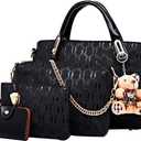 Women 4 Pcs Top Handle Satchel Hobo Handbag Set Large Tote +Purse +Shoulder Bag+Card Holder | 4 Pcs, Top Handle, Purse, Card Holder (Black)