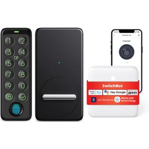 SwitchBot Fingerprint Smart Lock for Existing Deadbolt with Keypad Touch and Hub Mini  Keyless Entry, Password & NFC Card, Auto-Lock, App Control, Alexa Siri Google Compatible