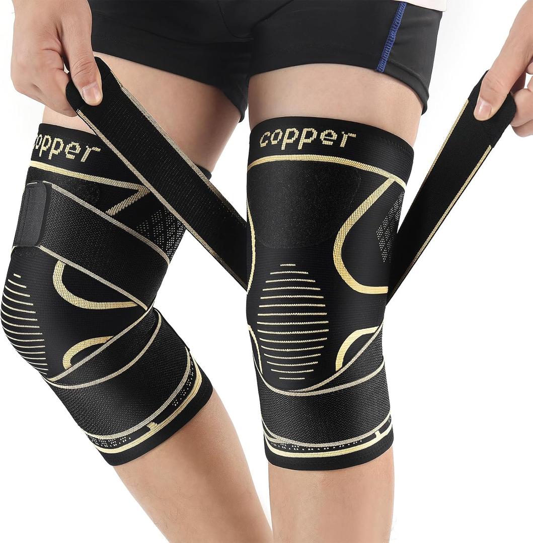 Copper Knee Braces with Strap for Knee Pain Women and Men(2 Pack), Knee Compression Sleeve for Arthritis, ACL, Meniscus Tear, Joint Pain Relief, Knee Support for Working, Running, Weightlifting (M)