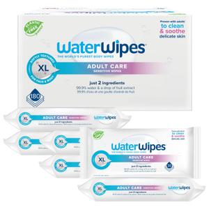 WaterWipes Adult Care Wipes, Extra-large 99.9% Water Based Wipes, Unscented & Hypoallergenic for Sensitive Skin, 180 Count (6 Packs)