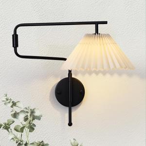 Black Swing Arm Wall Sconce Set of 2,Plug in Wall Sconces with White Pleated Shade,Hardwired Wall Light Fixtures with Dimmable Switch for Bedroom Bedside, Living Room, House Reading
