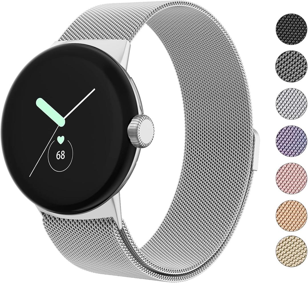 Amzpas Metal Band Compatible with Google Pixel Watch Bands for Women Men, Stainless Steel Mesh Loop Adjustable Wristband Replacement Strap for Google Pixel Watch 1/2 / 3 41mm Band (Silver)