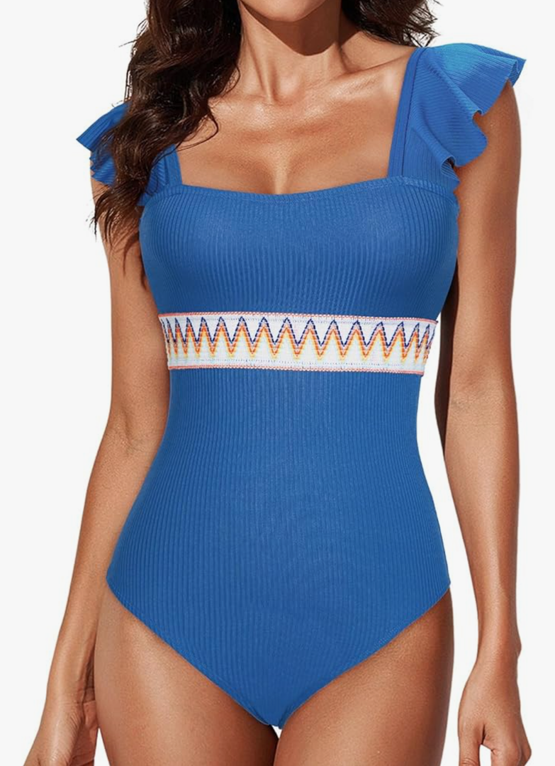 Aleumdr Women's One Piece Swimsuit Ruffle Tummy Control Bathing Suits Color Block Ribbed Swimwear L