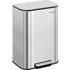 SONGMICS Kitchen Trash Can, 13-Gallon (50 L) Garbage Can with Lid, Stainless Steel, Soft Close and Stays Open, Inner Bucket, Wide Non-Slip Pedal, Metallic Silver ULTB547E01