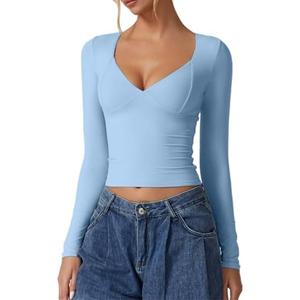 QINSEN Women's Long Sleeve V Neck T Shirts Double Lined Crop Top Seamed Cup Going Out Tops XS