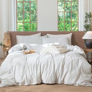 MooMee Striped Duvet Cover Set 100% Washed Cotton Linen Like Textured Breathable Durable Soft Comfy (White Heathered Green Wide Stripes, Queen 90"x90")