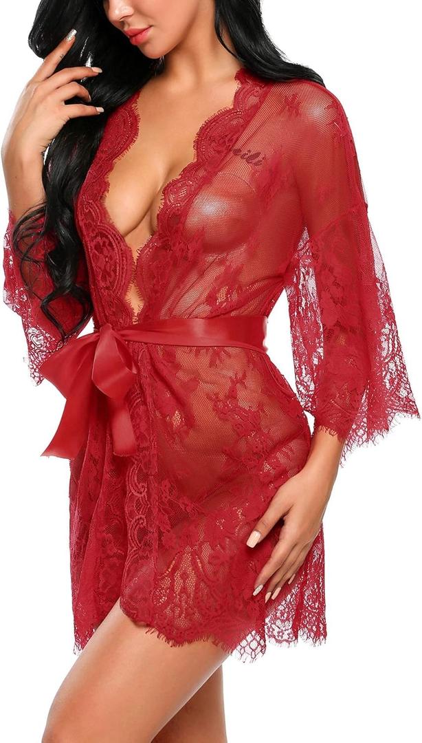 Avidlove Women's Lace Kimono Robe Babydoll Lingerie Mesh Nightgown (Medium, Dark Red)