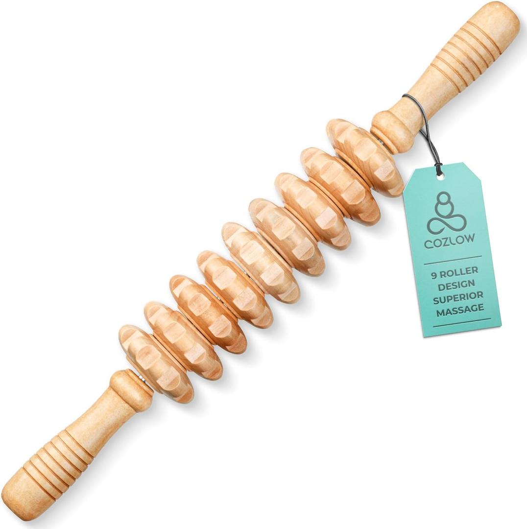 Wooden Massage Roller Stick (9 Rollers) - Curved Wood Therapy Massage Tool for Body Sculpting, Fascia Release & Lymphatic Drainage - Maderotherapy Helps Reduce Cellulite Appearance - by Cozlow