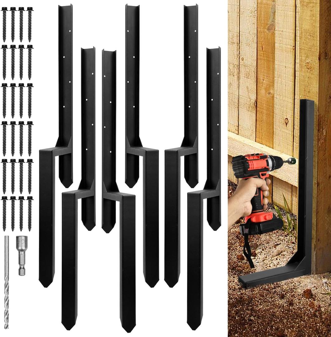 Fence Post Repair Kit, Heavy Duty Steel Fence Post Anchor Ground Spike for Repair Tilted, Broken Wood Fence Post (Double Legs - Set 6) (Set 6)
