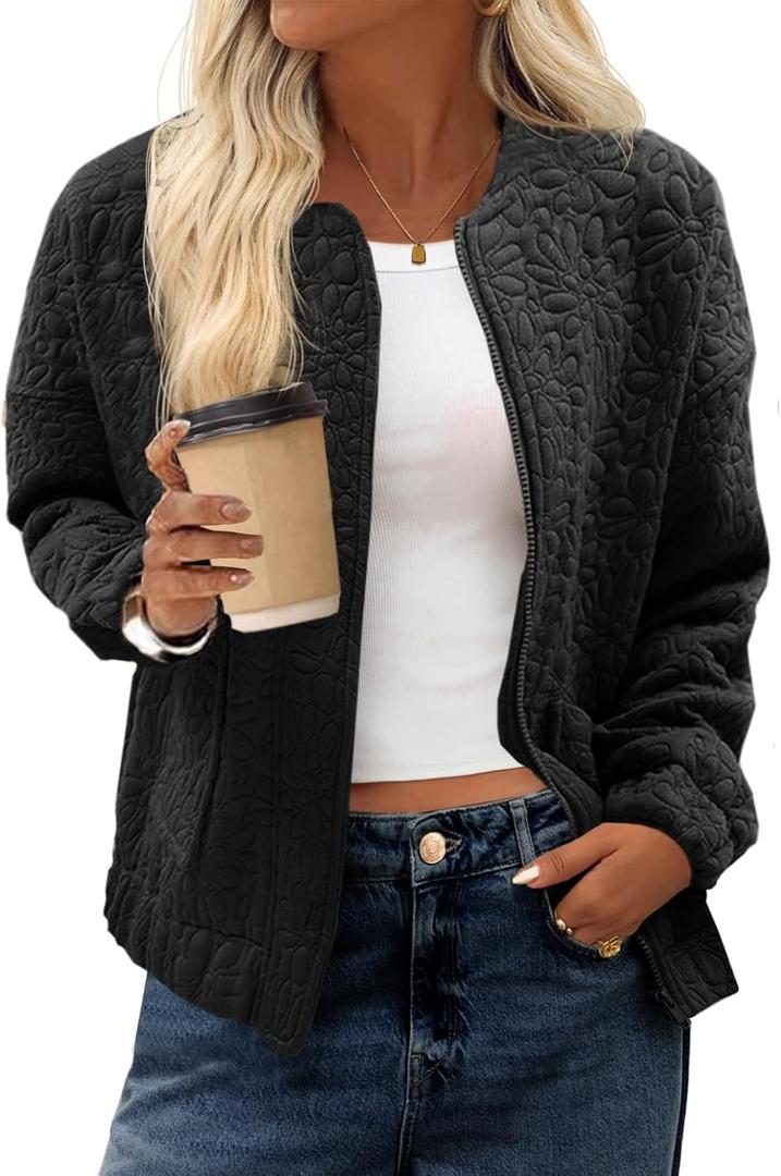 Tankaneo Womens Bomber Jackets Lightweight Zip Up Fashion Cute Jacquard Coats Fall Varsity Jacket (Black)