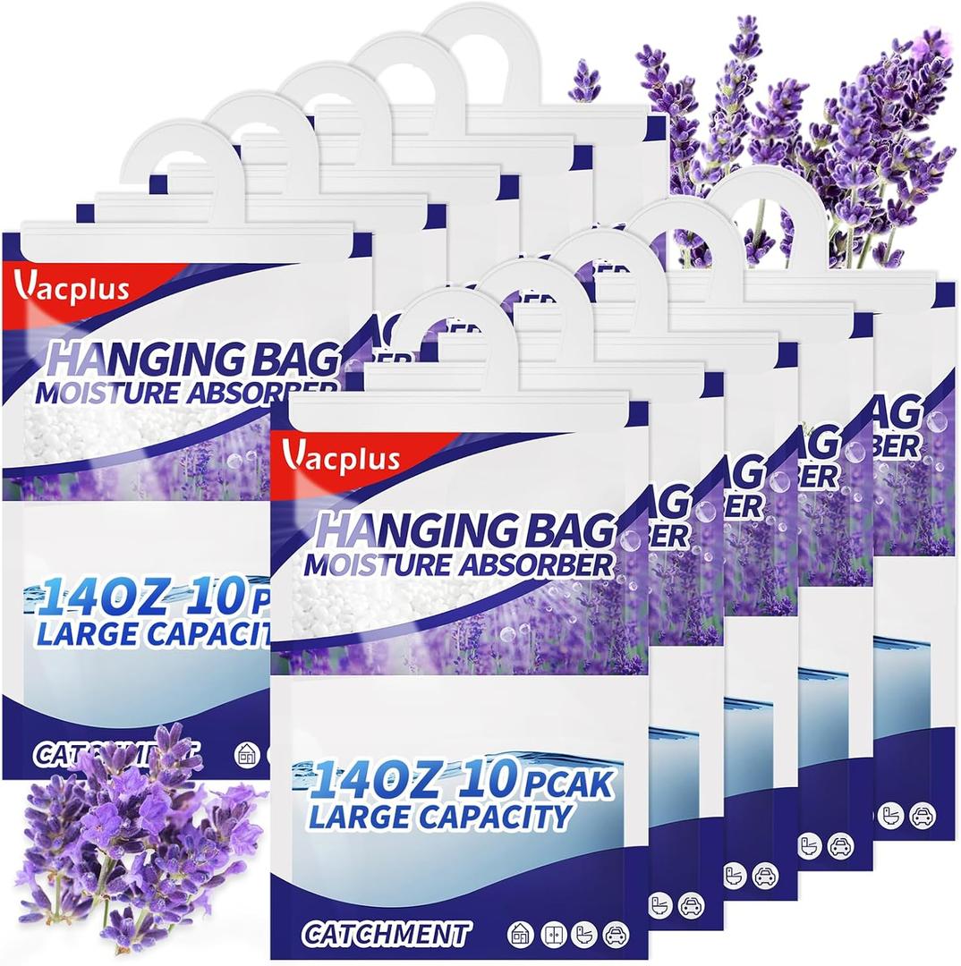 Vacplus Moisture Absorbers, Hanging Closet Dehumidifier Bags, Humidity Packs, Desiccant, Closet Dehumidifiers with Lavender Fragrance, 10 Pack, 14.0 OZ (Purple)
