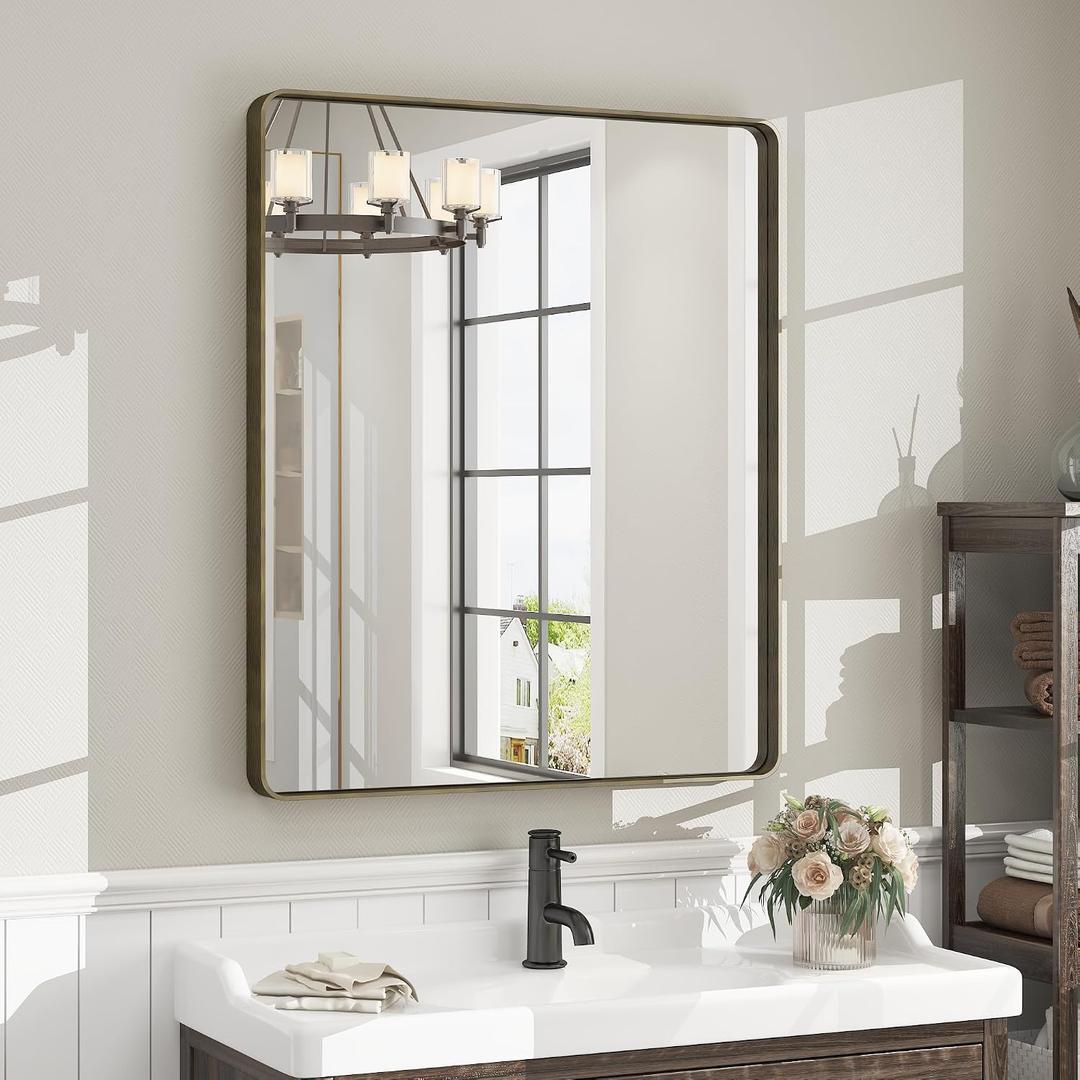28x32 Bronze Bathroom Mirror, Brushed Metal Bathroom Vanity Mirrors for Wall, Rounded Corner Bronze Rectangle Mirror for Farmhouse, Bedroom, Anti-Rust (Horizontal/Vertical)