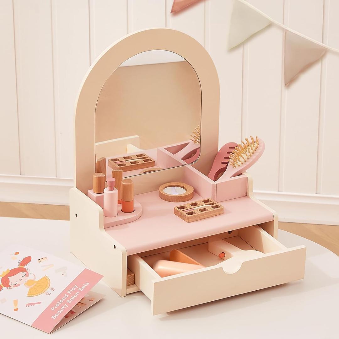 OOOK Wooden Vanity Makeup Table for Kids, Toddler Pretend Play Dressing Table with Mirror & Drawer, Vanity Toy with 10 Pcs Accessories, Gift for Little Girls Age 3+