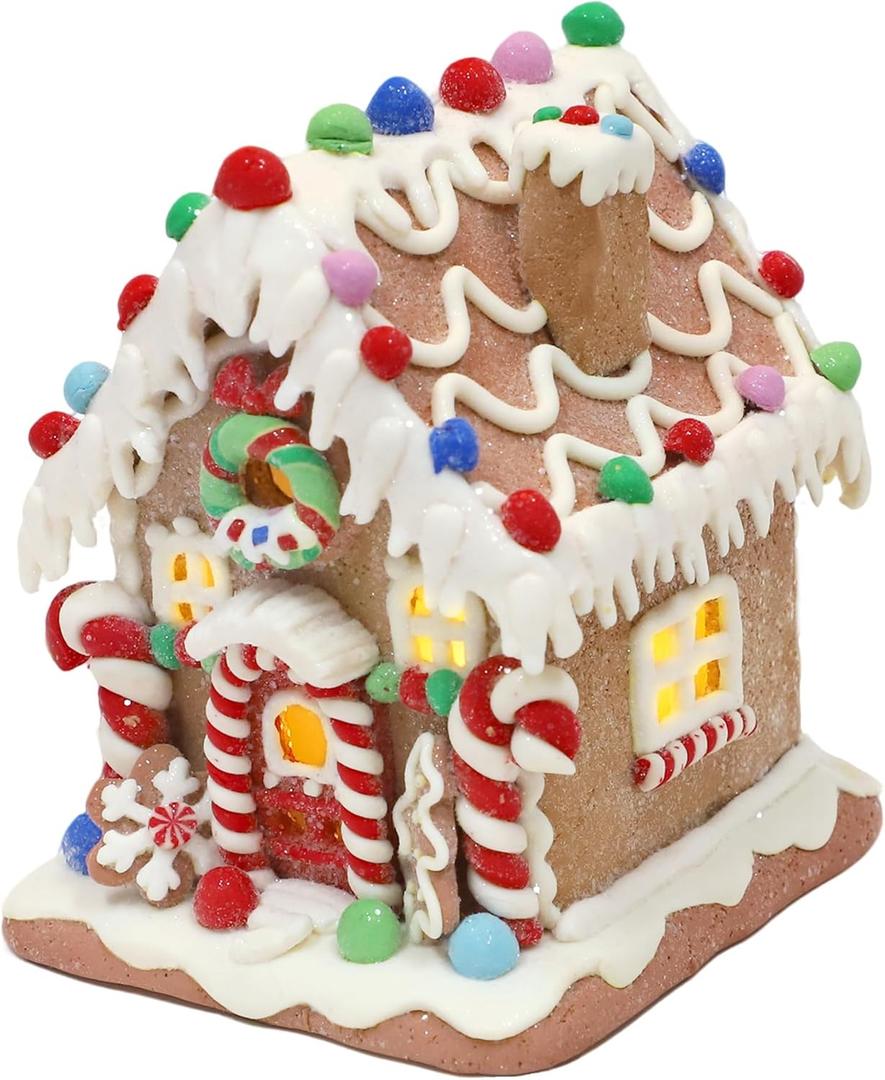 SunArtHome Gingerbread House Decoration, Battery-Operated Light-Up Gingerbread House, Classic Gingerbread Christmas Village Figurines, Handmade Decorations (Style 2)