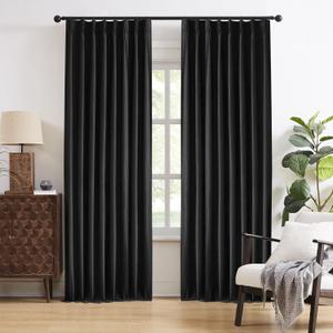 DUALIFE Black Linen Pinch Pleated Blackout Curtains & Drapes 92 Inch Long 2 Panel Sets, Accordion Style Track Room Darkening Thermal Insulated Curtains with Hooks Back Tab 50 by 92 Inch