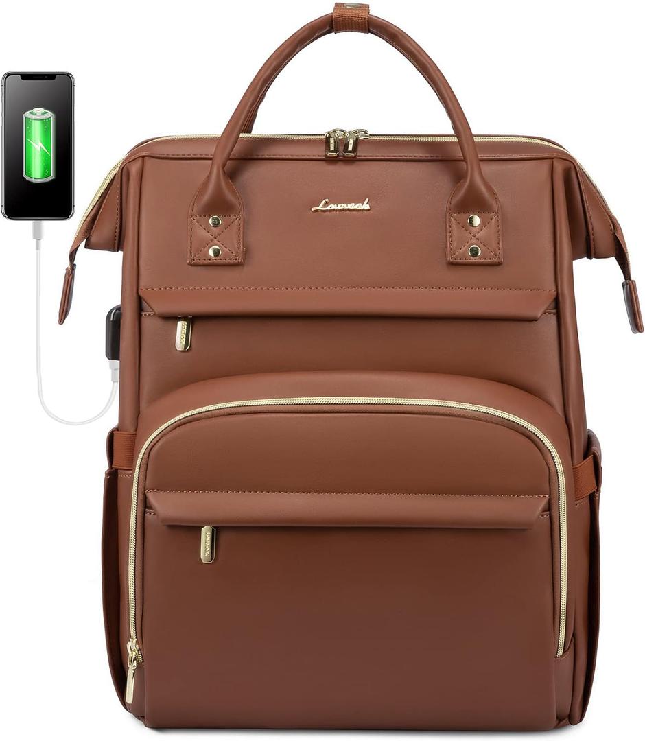 LOVEVOOK Leather Laptop Backpack for Women 18 inch,Travel Backpack Purse Nurse Teacher Backpack Computer Laptop Bag,Professional College Business Work Bags Carry On Backpack with USB Port,Brown