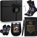 6 Pcs Photographer Gifts for Camera Lovers for Men Women 12 oz Stainless Steel Cup Socks Keychain Pen Notebook Box for Christmas Photography & Travelers Lovers
