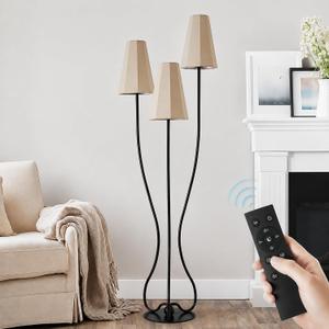 Dimmable Sculptural Vintage Floor Lamp, 3-Light Standing Lamps with Curved Iron Base & Octagonal Linen Shades, Statement Lighting for Living Room, Bedroom, Studio (Remote-Natural Linen Shade)