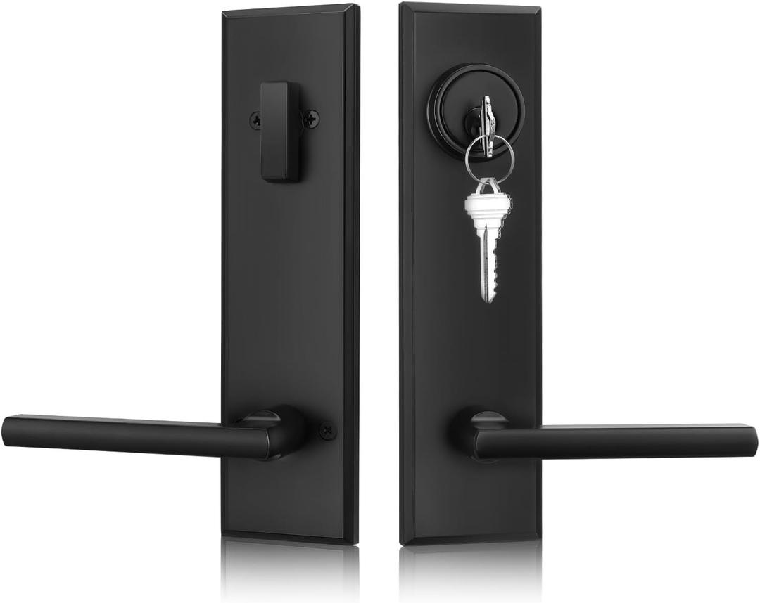 Haidms Black Front Door Handle - Entry Door Lever and Deadbolt Set, Matte Black Exterior Door Lock Set, Modern Square Front Door Handles