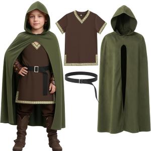 Yearntown 3 Pcs Halloween Kids Renaissance Knight Costume, Medieval Cloak Hooded Cape, Viking Shirt with Belt, Boys Cosplay(Green Cloak Brown Shirt, 120, 4-6 Years)