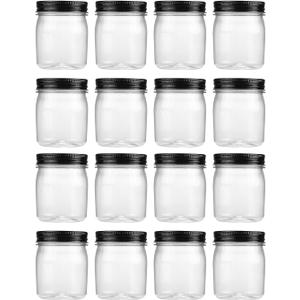 novelinks 8 oz Clear Plastic Jars with Airtight Lids, 16 Pack Plastic Mason Jars with Lids 8oz, Refillable Storage Slime Containers & Small Spice Jar for Kitchen Organization (16 Pack,Black)