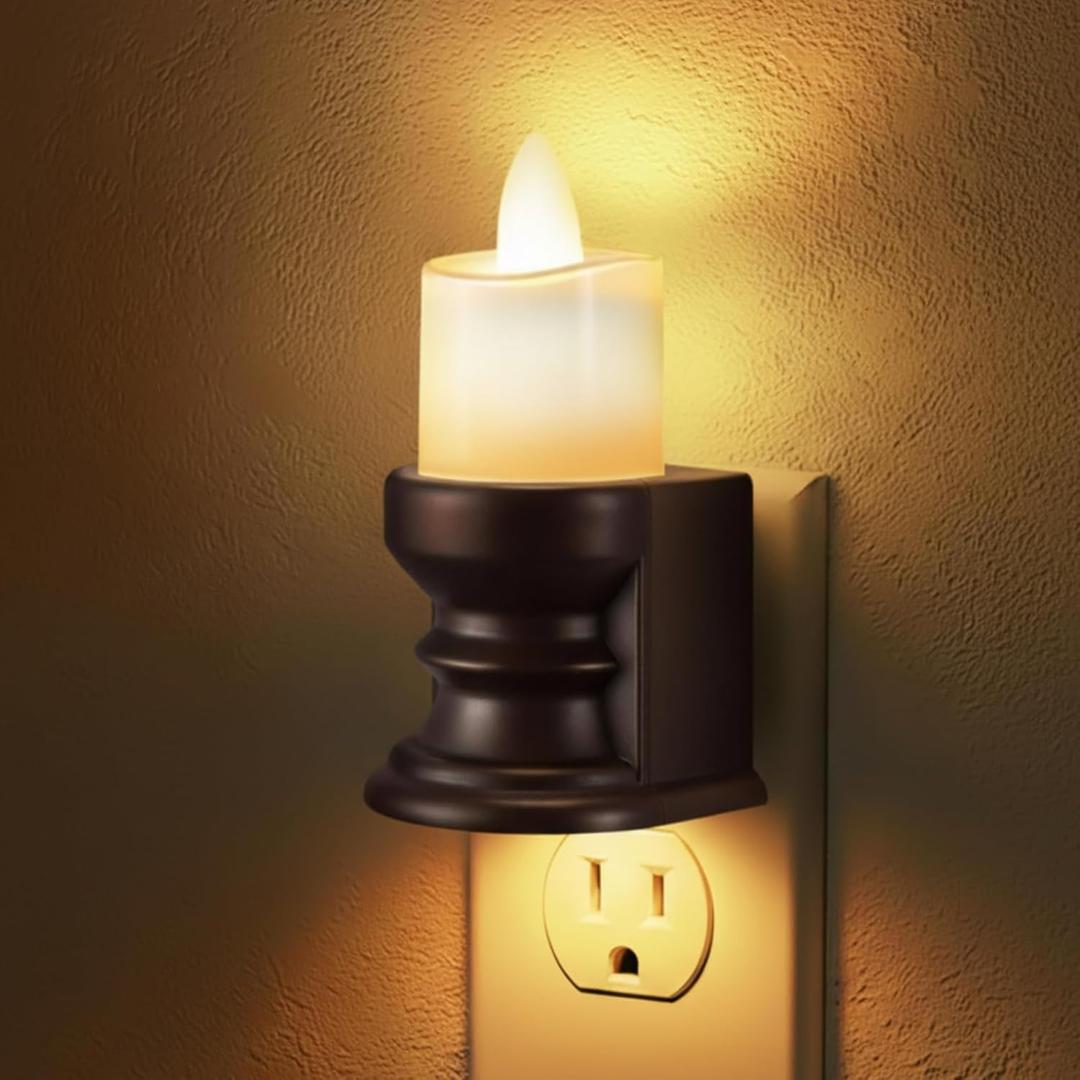Meonum Flickering Flameless Candle Night Light Plug in, Dimmable LED Nightlight with Dusk to Dawn Sensor, Decorative Candle Light for Bedroom, Hallway, Bathroom (1 Pcs,Warm Yellow & Brown Base)