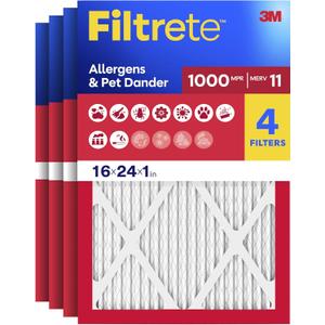 Filtrete 16x24x1 Air Filter, MERV 11, MPR 1000, Allergens & Pet Dander, 3-Month AC and Furnace Filters, Cleaner Air, Reliable Airflow, 4 HVAC Filters (Actual Size 15.68 x 23.68 x 0.81 in)