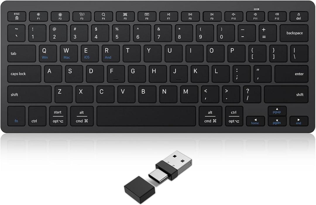 OMOTON 2.4G Wireless Keyboard, Ultra-Slim Compact Mini Keyboard with Type-C & USB-A Receiver, Compatible with Desktop Laptop Tablet PC Smart TV and Windows 11/10/8/7 - Black