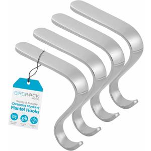 BIRDROCK HOME Christmas Stocking Mantel Hooks - Metal Fireplace Hanger with Non-Slip Pads - Holds Up to 10 lbs - Ideal for Hanging Stockings, Garland & Holiday Decor - 4 Pack, Scroll Design (Silver)