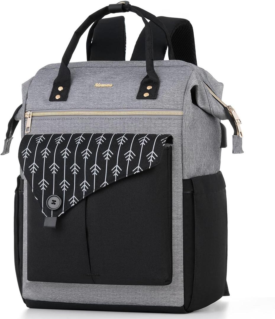 MOMUVO Laptop Backpack for Women Laptop Bag with USB Port, Student Bookbag Water Resistant Backpacks Teacher Doctor Nurse Work Backpack Stylish Travel Bags, Fits 17-Inch Laptop Grey Black