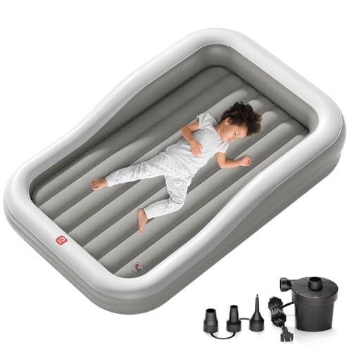 QPAU Inflatable Toddler Travel Bed with 3-Sided Safety Bumpers, Extra Large Kids Air Mattress, Includes Detachable Mattress, Portable for Camping, Travel, Home Use (Grey)
