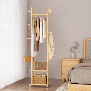 Coat Rack Freestanding Clothing Rack with Wheels & 2 Shelves Storage & 5 Hooks Heavy Duty Clothes Rack Wood Coat Tree Stand Hat Hanger Rack for Corner Bedroom Entryway Living Room Hotel (Natural Wood Color)