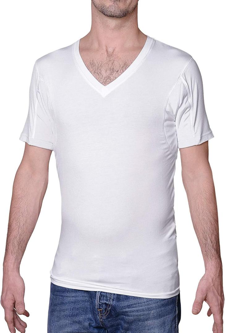 Sweatproof Undershirt for Men, V-Neck, White, Sweat Pads (White, S)