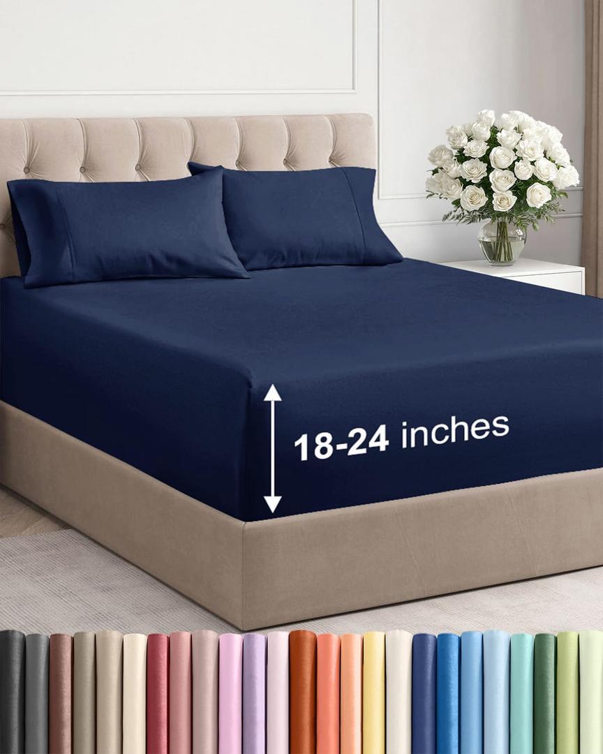 Extra Deep King Sheet Set - 4 Piece Breathable & Cooling Bed Sheets - Easily Fits 18 to 24 inch Mattress - Ultra Soft, Wrinkle & Fade Free with Extra Deep Pockets - Hotel Luxury Bedding - Navy Blue