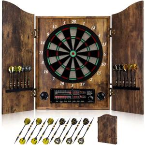 Electronic Dart Board, Decorative Dart Board Cabinet Set for Adults [12*Bronze Soft Tip Darts] [Cricket Game Mode]- Wooden Electric Dartboard Cabinet for Family Game Rooms