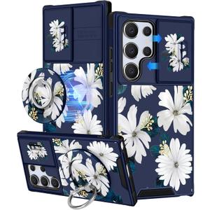 Buleens for Samsung Galaxy S25 Ultra Case - with Ring Stand & Camera Cover Aesthetic Cute Designed for Women Girls Girly White Floral Flowers for Samsung S25 Ultra Phone Case Compatible with Magsafe