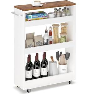 TEAMIX Wood 4-Tier Slim Rolling Storage Cart, 7.9"W, 24.8"D, 36.7"H, White