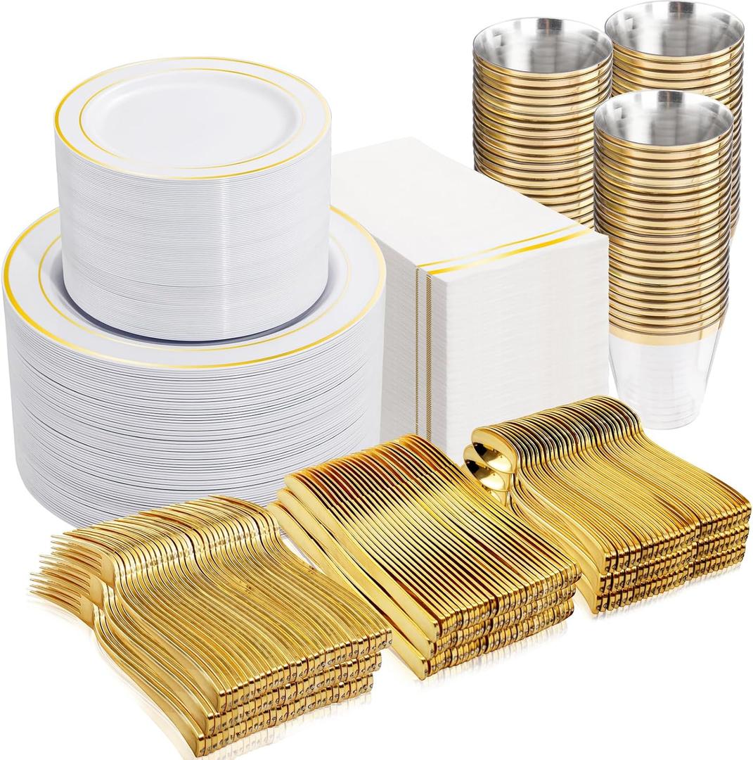 GATHER 700PCS Gold Plastic Plates - Whtie and Gold Disposable Dinnerware Sets 100Guest - 200 Disposable Plate, 300 Plastic Silverware, 100 Cups, 100 Napkins for Wedding & Party