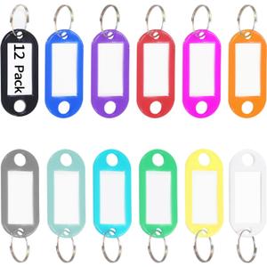 12 Pack Plastic Key Tags with Ring and Label Window, Key Labels Key Chain Name Tags ID Tags/Identifiers for Luggage, Bags, Suitcases, Backpack, 12 - Colors