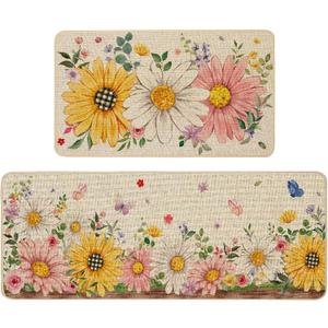Baccessor Summer Kitchen Mats Set of 2, Daisy Butterfly Floral Kitchen Rugs for Floor Non Slip Low-Profile Seasonal Spring Summer Home Decor 17x29 and 17x47 Inch
